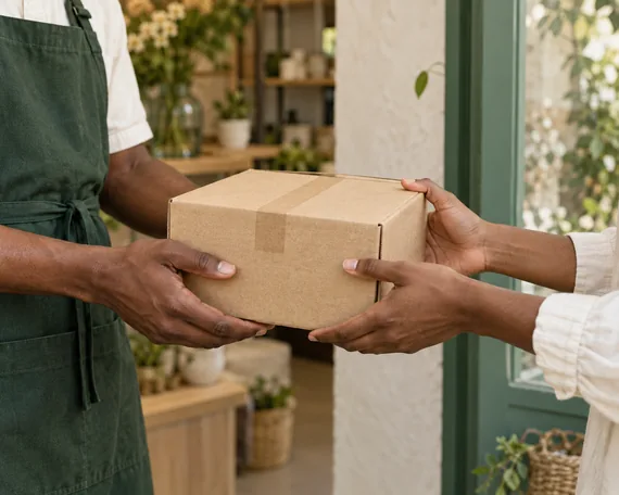 A parcel being carefully handed to its buyer