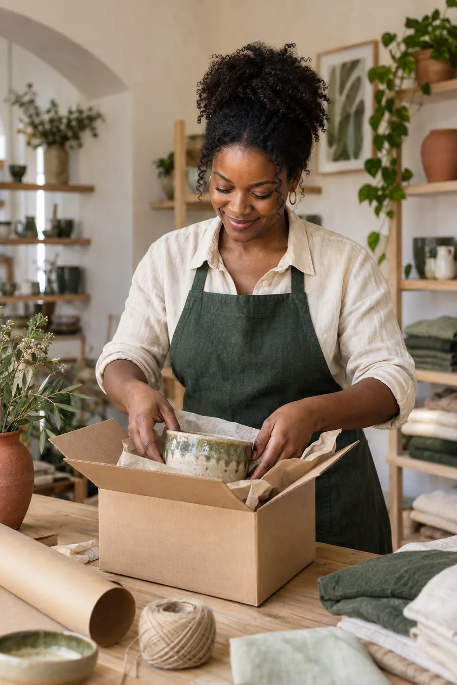 An independent seller carefully packing a handmade piece